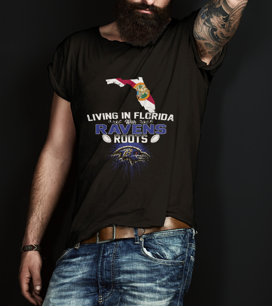 Living In Florida With Ravens Roots Baltimore Football Fan Map T-Shirt