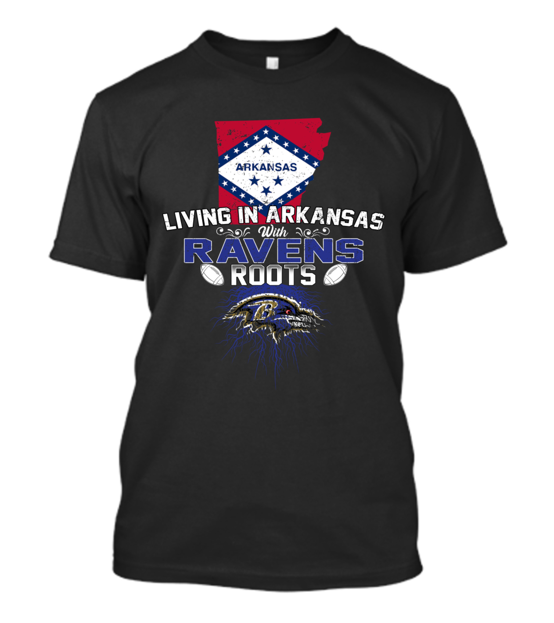 Living In Arkansas With Ravens Roots And Bold State Flag Background T-Shirt