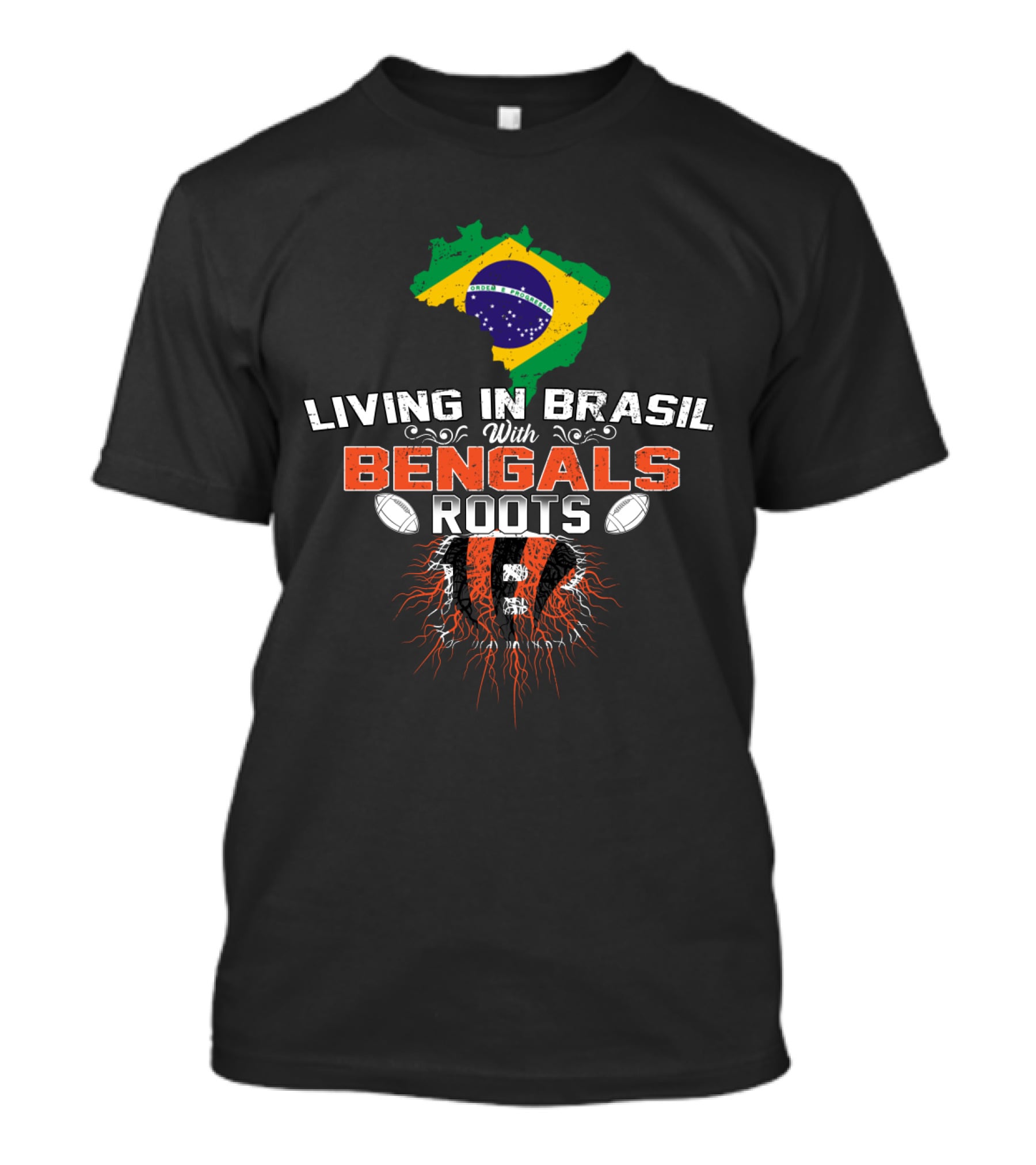 Living In Brasil With Bengals Roots Brazil Map Flag American Football T-Shirt