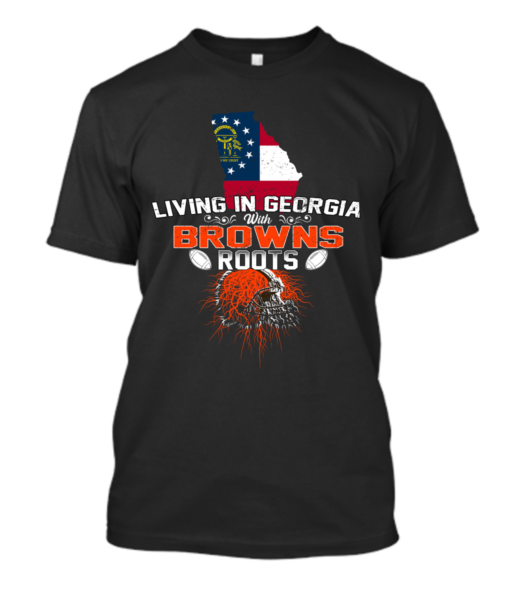 Living In Georgia With Browns Roots Football Helmet And State Flag T-Shirt
