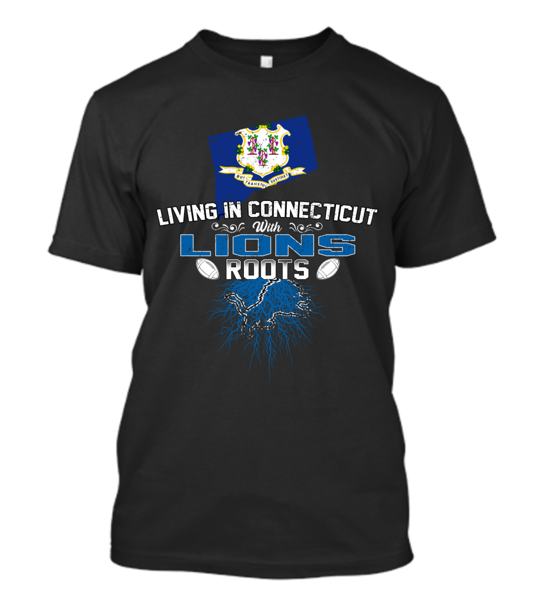 Living In Connecticut With Lions Roots And Football Elements T-Shirt