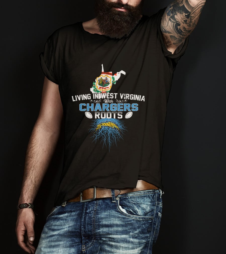 Living In West Virginia With Chargers Roots Map Design And Football Elements T-Shirt