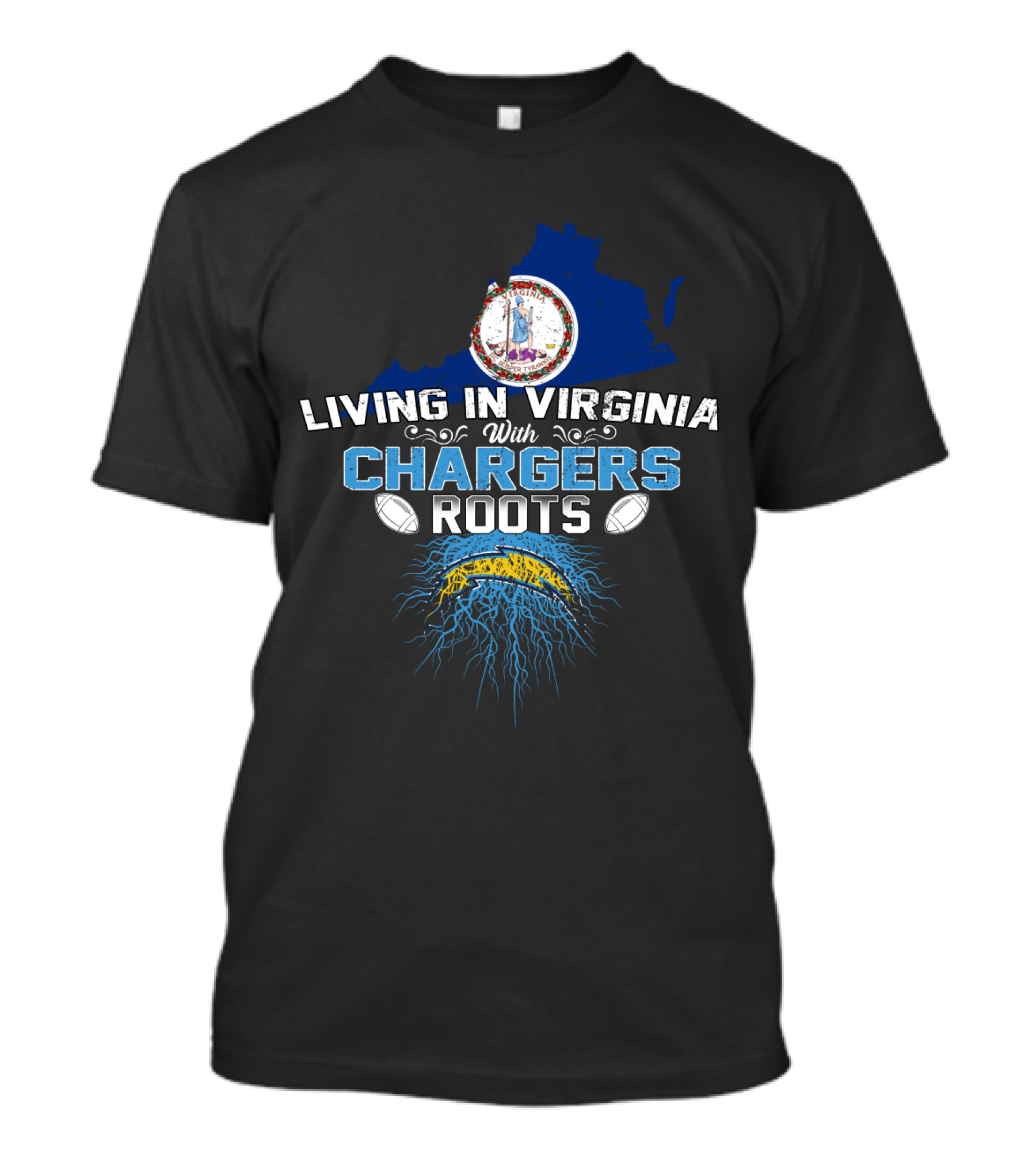 Living In Virginia With Chargers Roots Virginia State Seal Football T-Shirt
