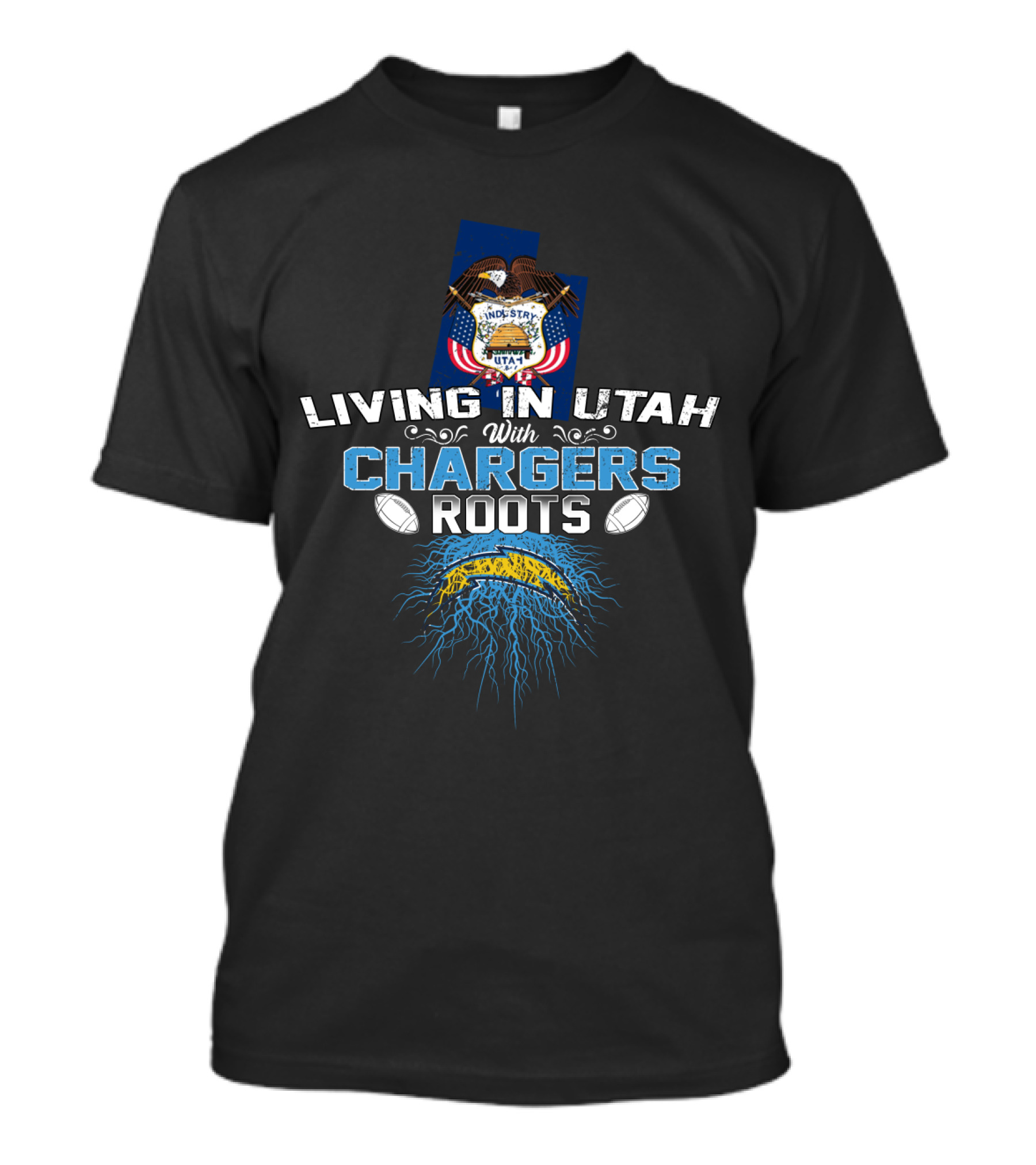 Living In Utah With Chargers Roots Football Heritage Utah State Flag T-Shirt