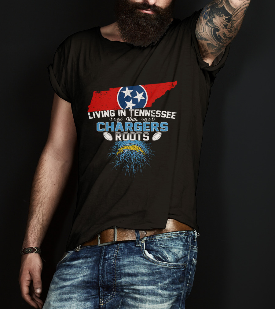Living In Tennessee With Chargers Roots Tennessee Flag Football Theme Electric Bolt T-Shirt