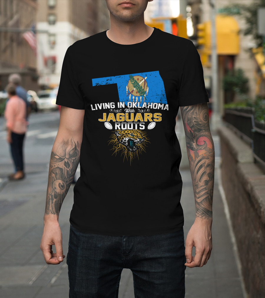Living In Oklahoma With Jaguars Roots Map and Fierce Jaguar Emblem T-Shirt
