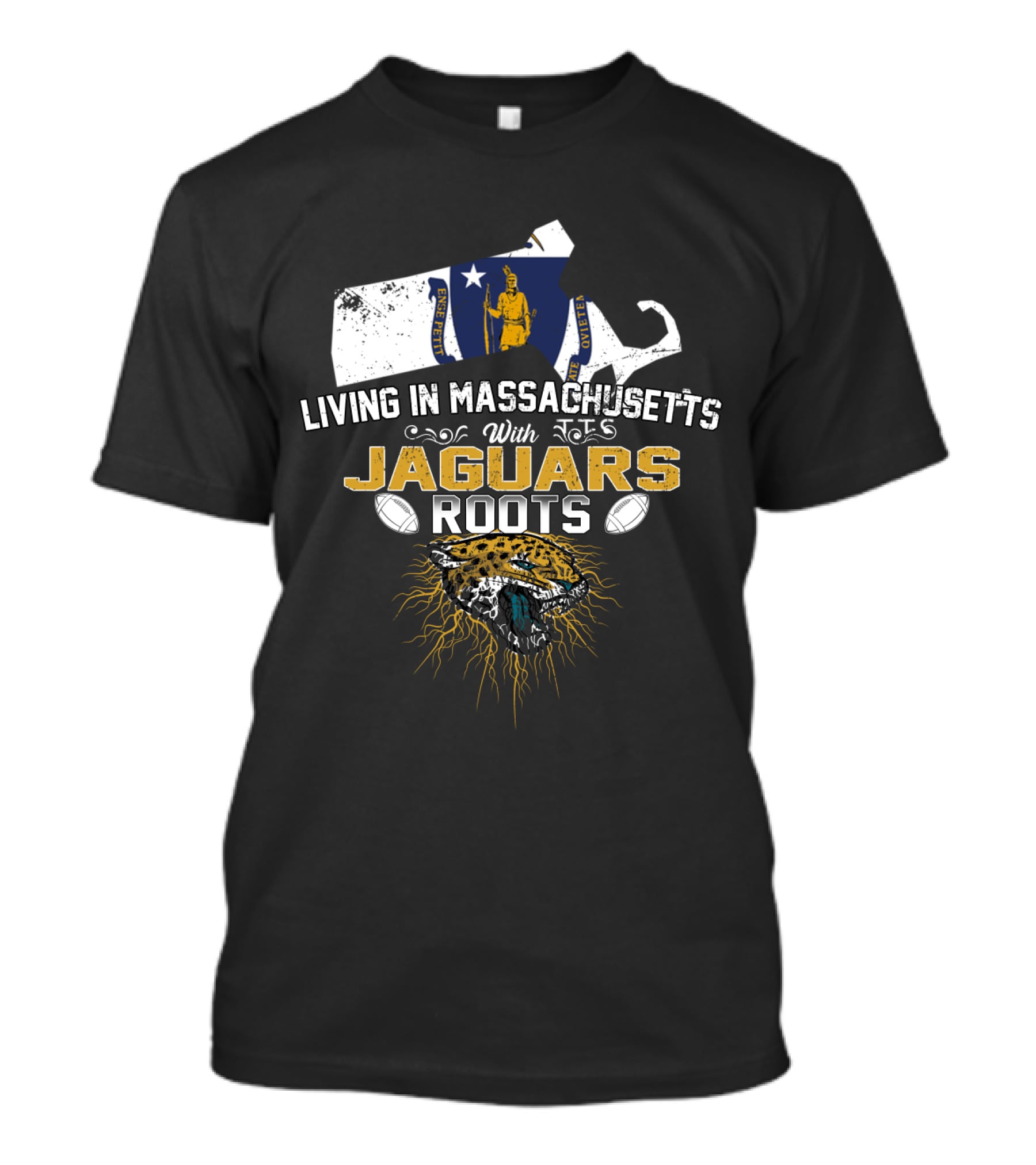 Living In Massachusetts With Jaguars Roots Massachusetts Flag And Jaguar Head T-Shirt