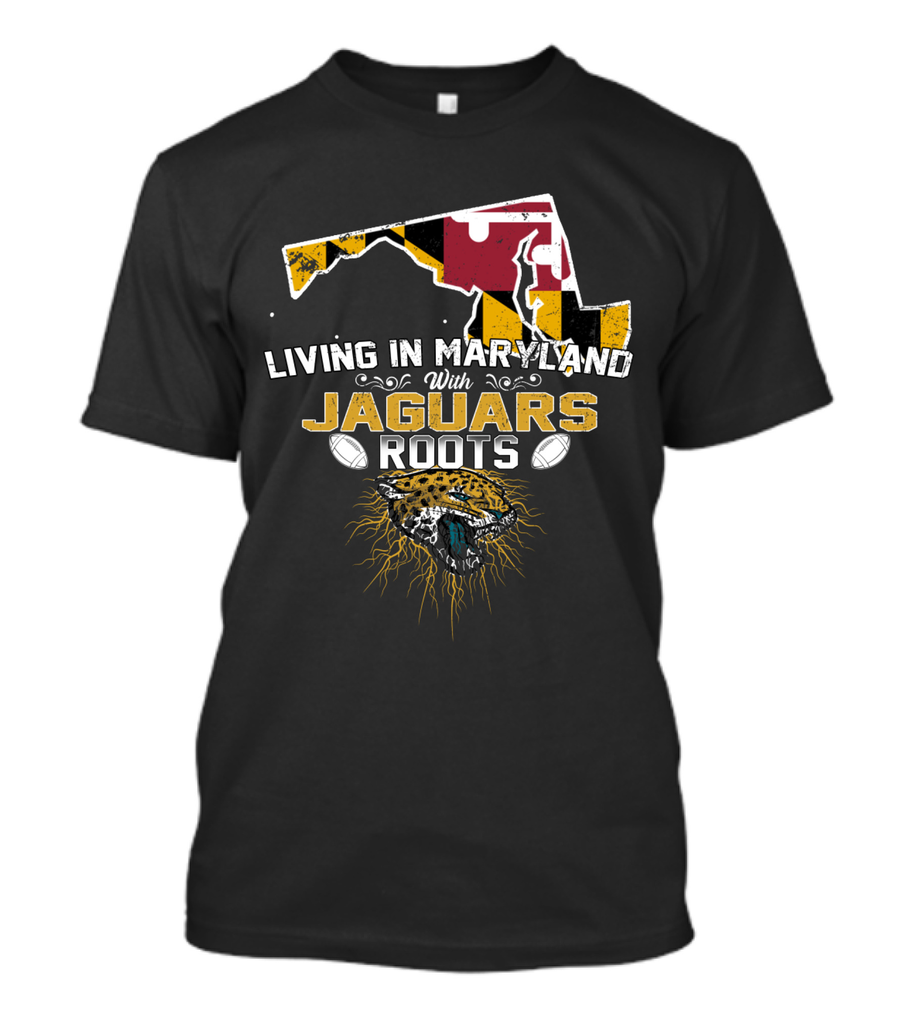 Living In Maryland With Jaguars Roots Maryland Flag And Jaguar Head T-Shirt