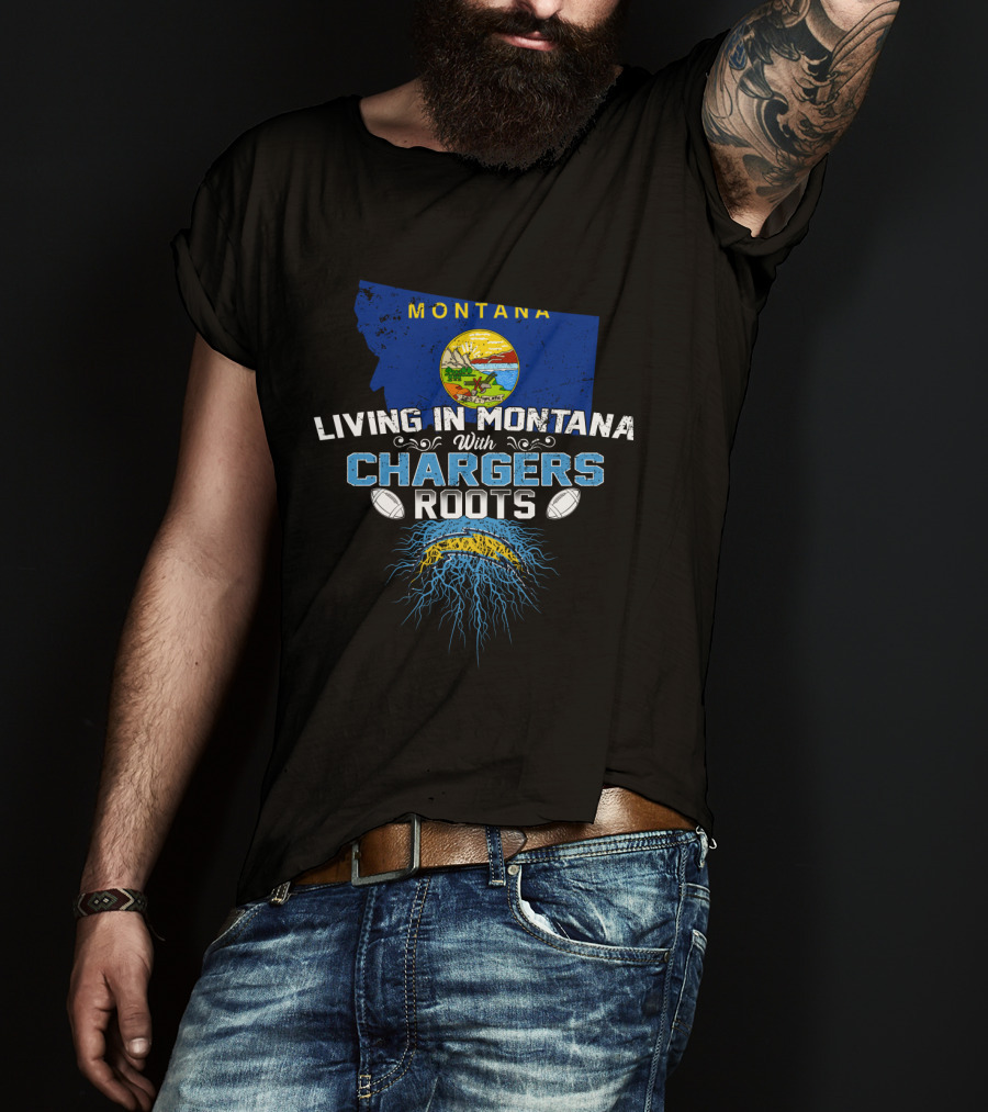 Living In Montana With Chargers Roots Montana State Map And Football Elements T-Shirt