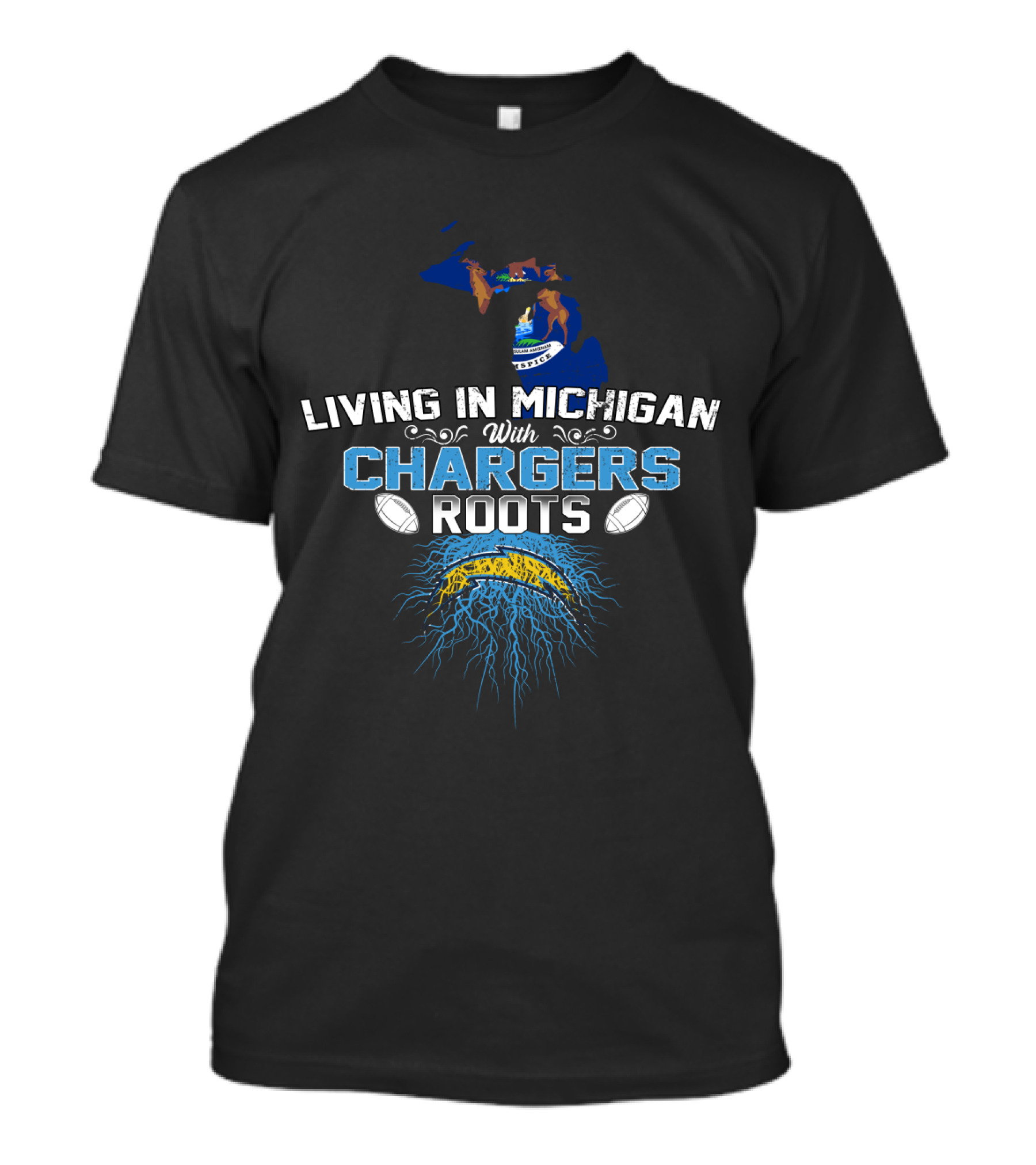 Living In Michigan Proudly Showing Chargers Heritage With Iconic Football T-Shirt