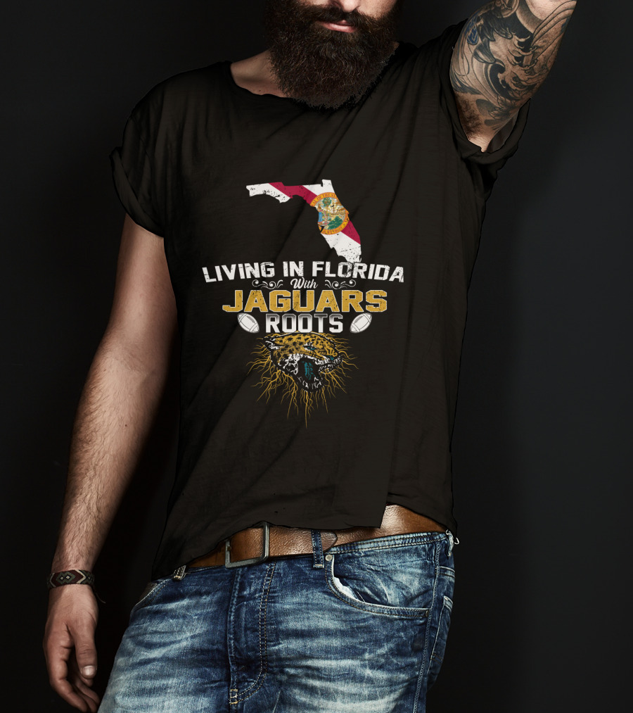 Living In Florida With Jaguars Roots Florida Map And Jaguar Head T-Shirt