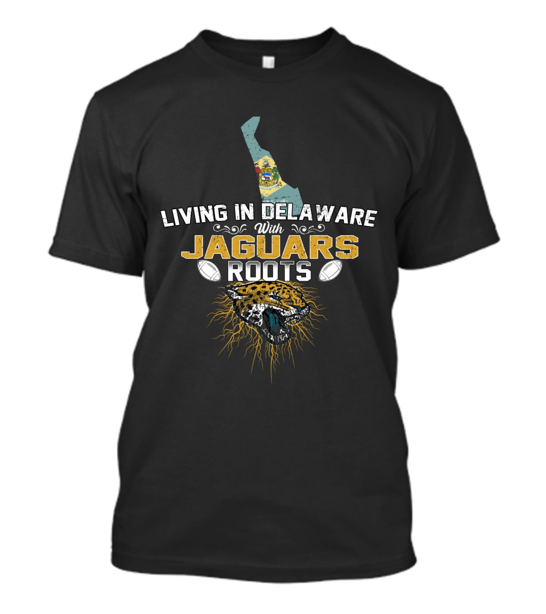 Living In Delaware Jaguar Football Roots Map And Wildcat Head T-Shirt