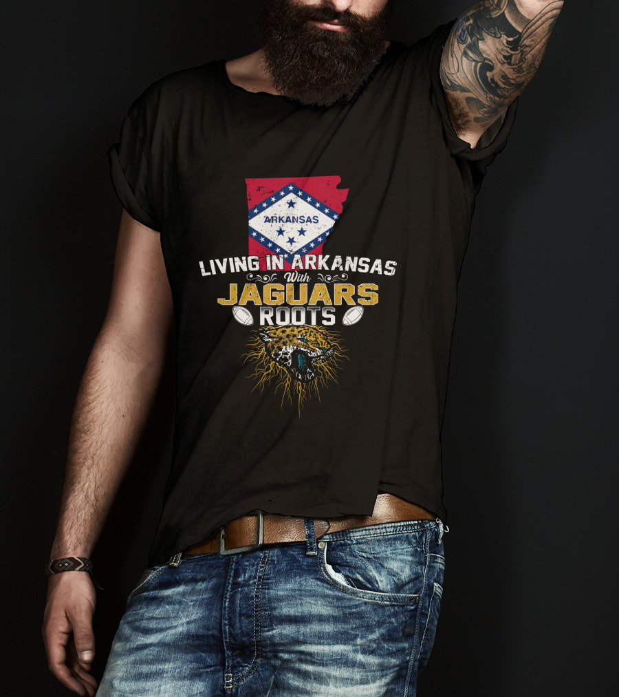 Living In Arkansas With Jaguars Roots American Flag Background Football T-Shirt