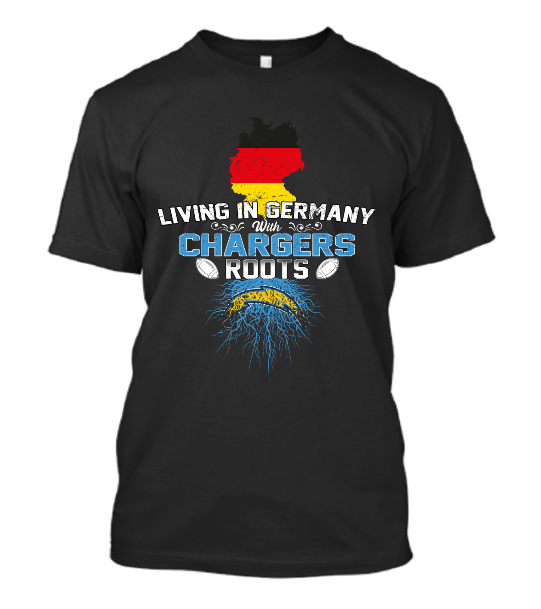 Living In Germany With Chargers Roots Map Flag Football Lightning T-Shirt