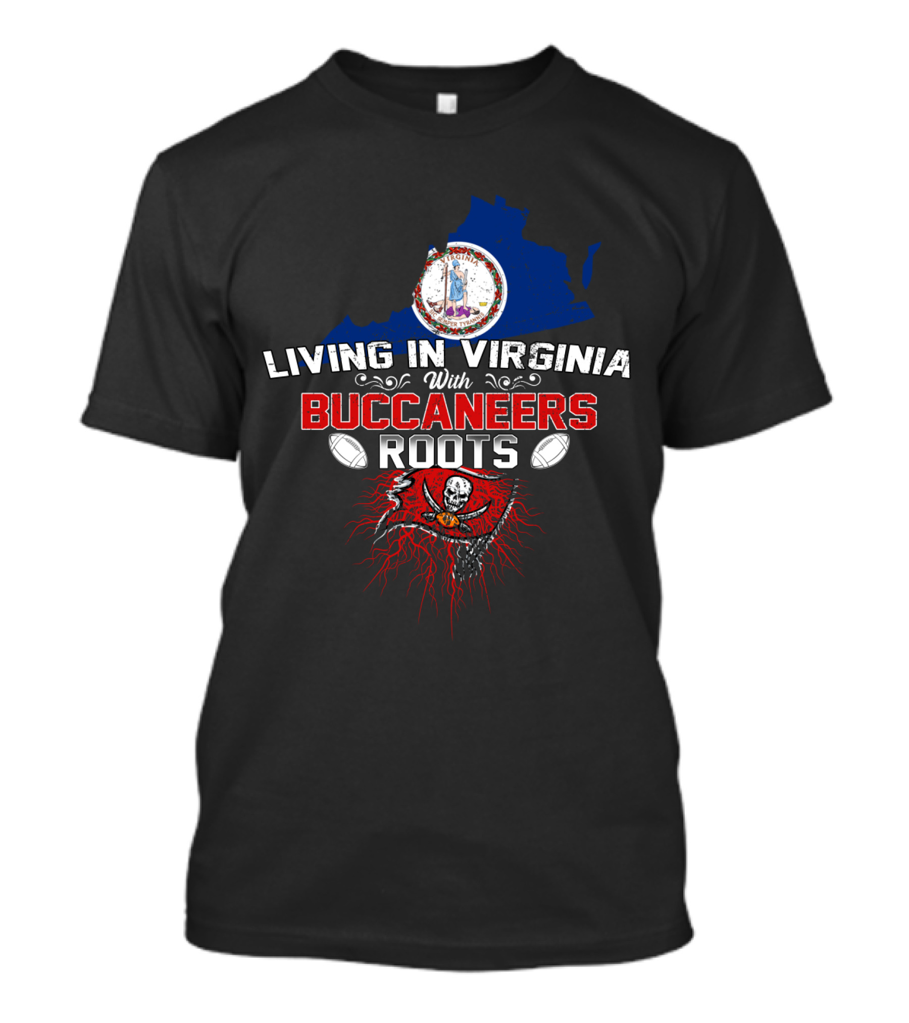 Living In Virginia With Buccaneers Roots Football Pride Virginia Map Pirate Flag T-Shirt