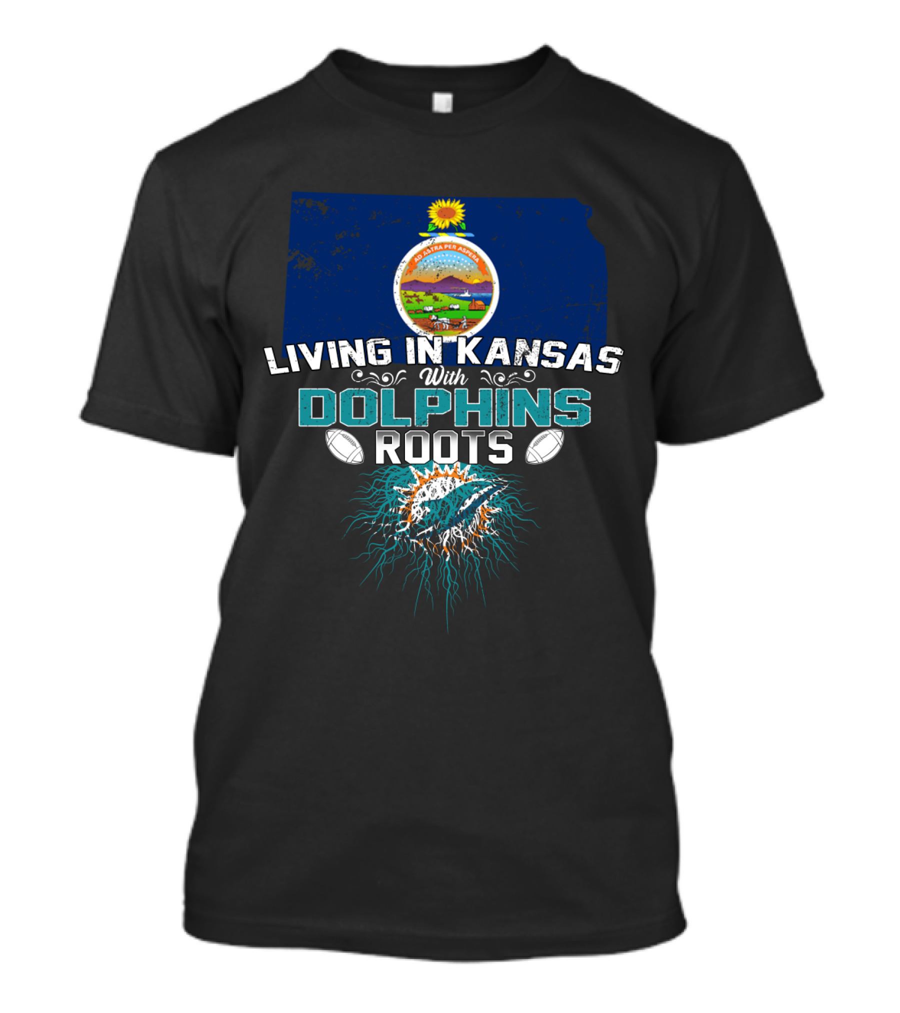 Living In Kansas With Dolphins Roots Miami Football T-Shirt