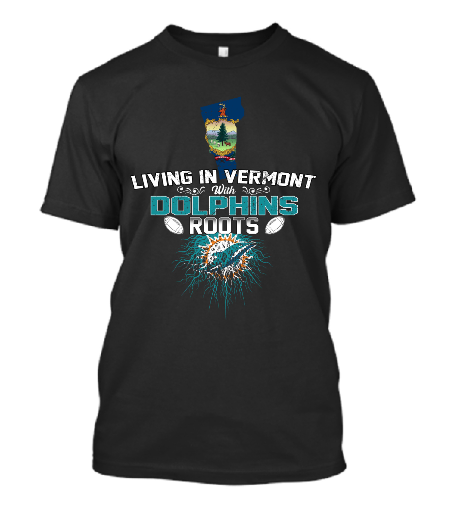 Living In Vermont With Dolphins Roots Football Logo Map T-Shirt