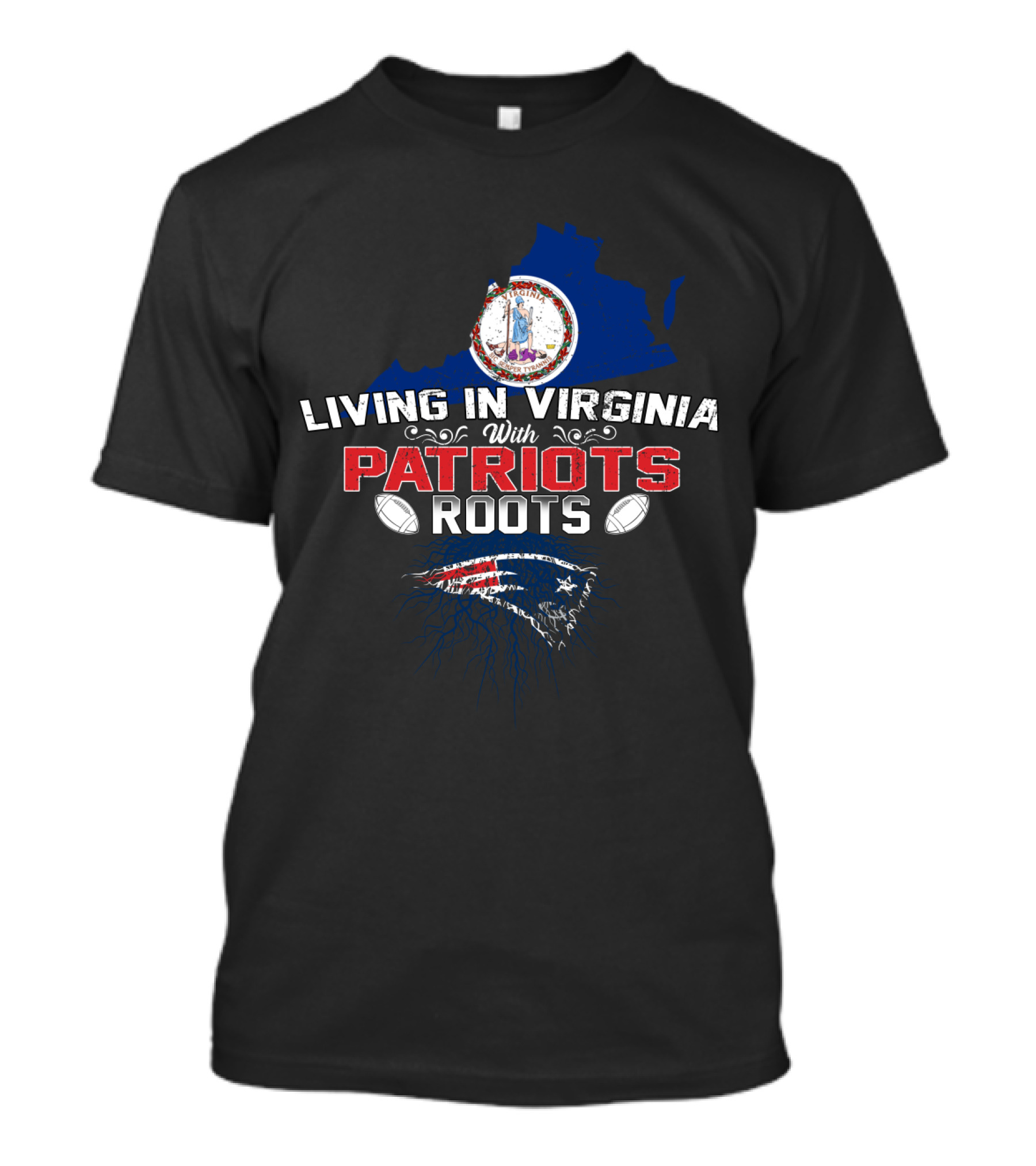 Living In Virginia With Patriots Roots New England Football Symbol And State Seal T-Shirt