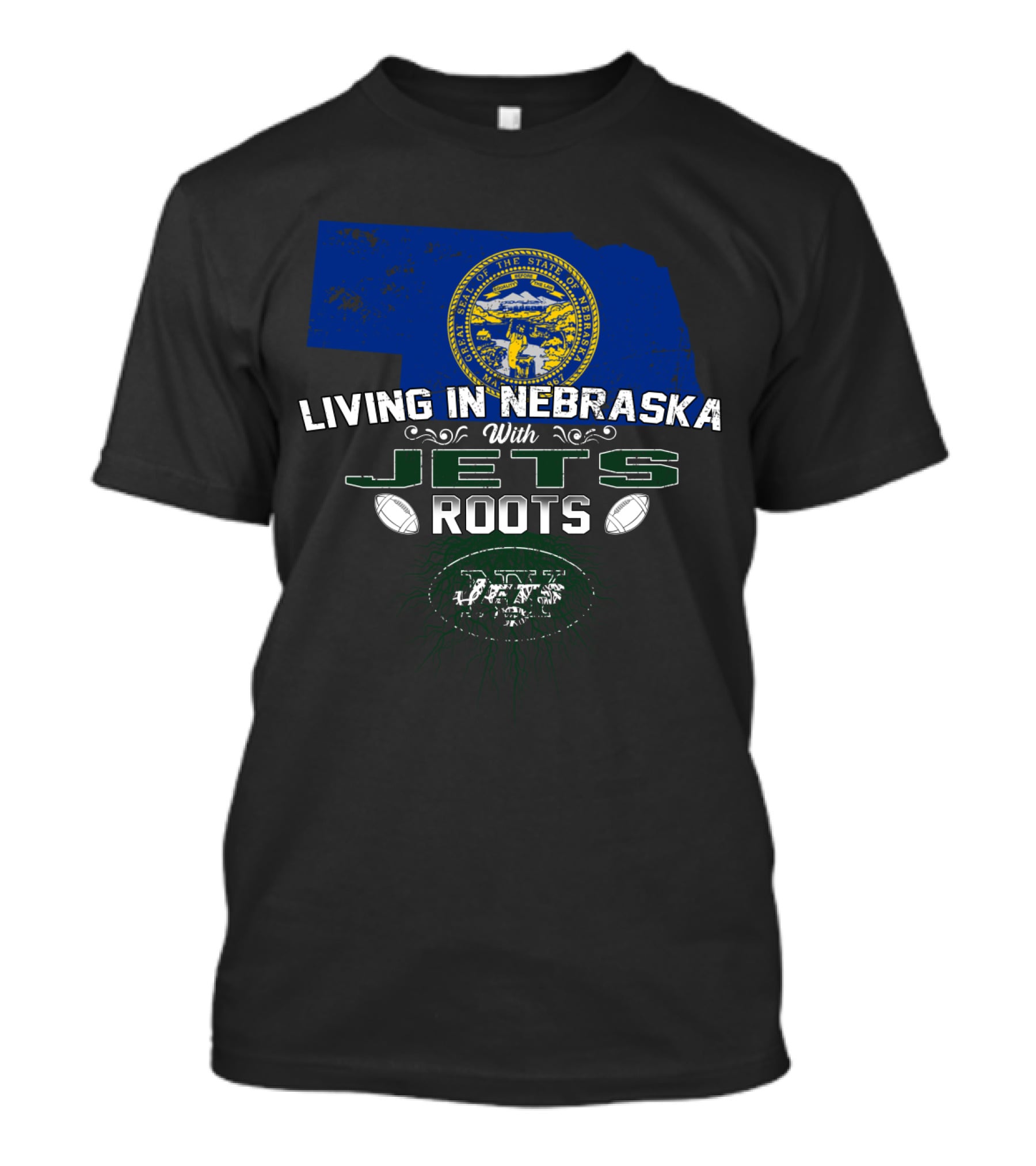 Living In Nebraska With Jets Roots State Pride And Team Legacy T-Shirt