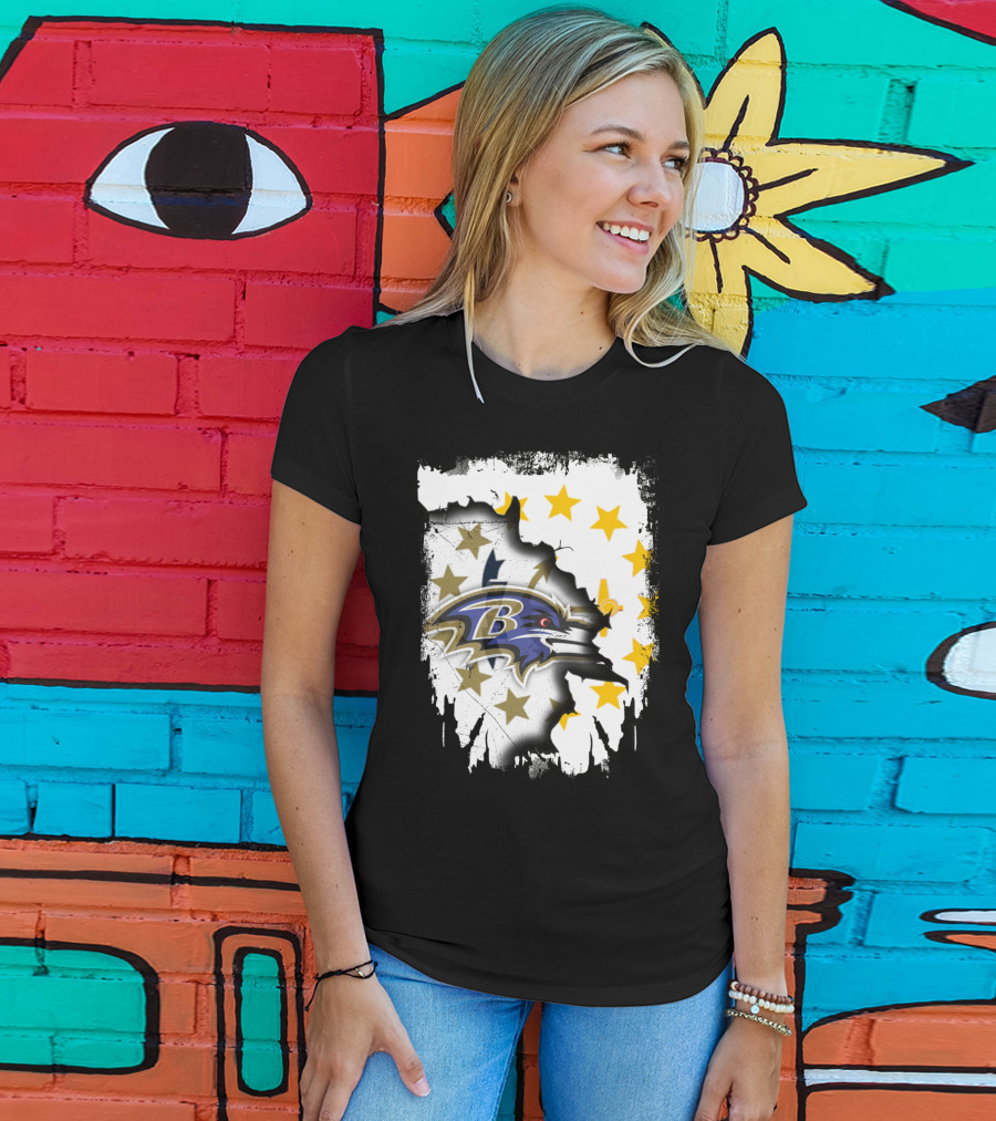 Rhode Island Map With Baltimore Ravens Logo And Stars T-Shirt