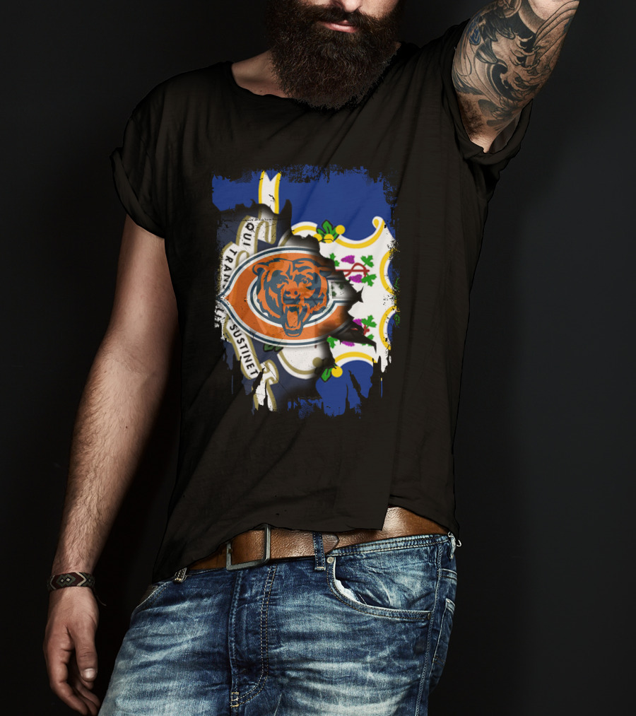 Connecticut State Flag Blended With Chicago Bears T-Shirt