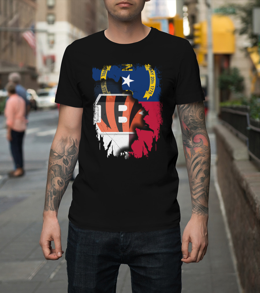 North Carolina State Flag Blended With Bengals Team T-Shirt