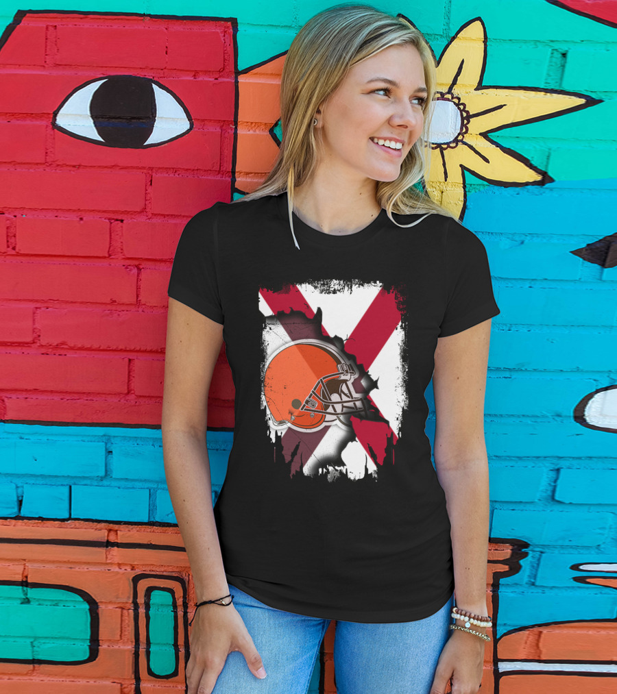 Alabama Browns Helmet Crossover On Distressed Crimson And White Background T-Shirt