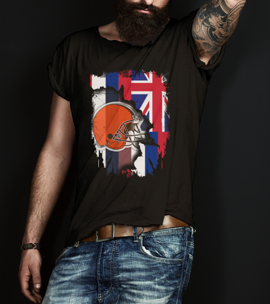 Hawaii Collaboration With Cleveland Browns Helmet And Flag T-Shirt