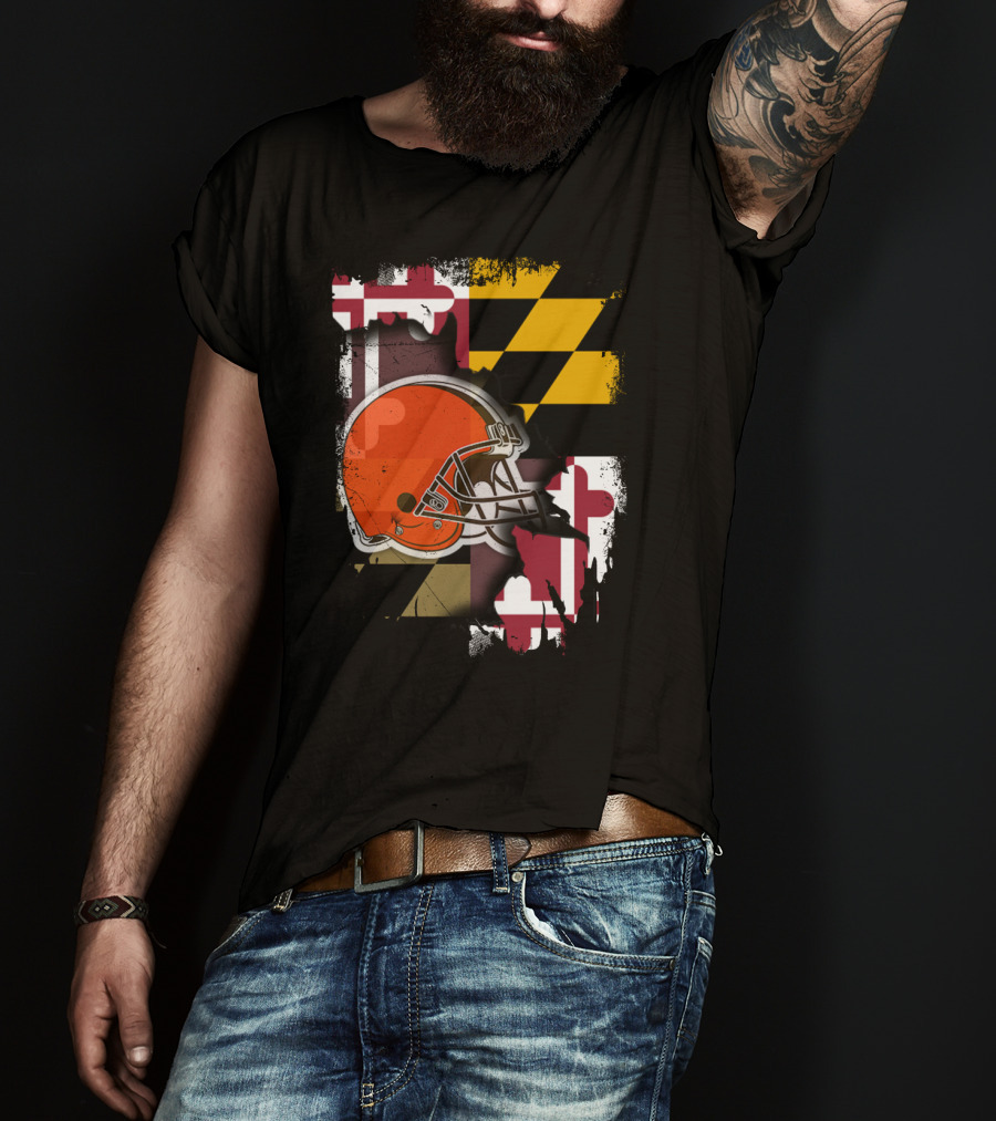 Maryland Flag With Cleveland Browns Helmet T-Shirt