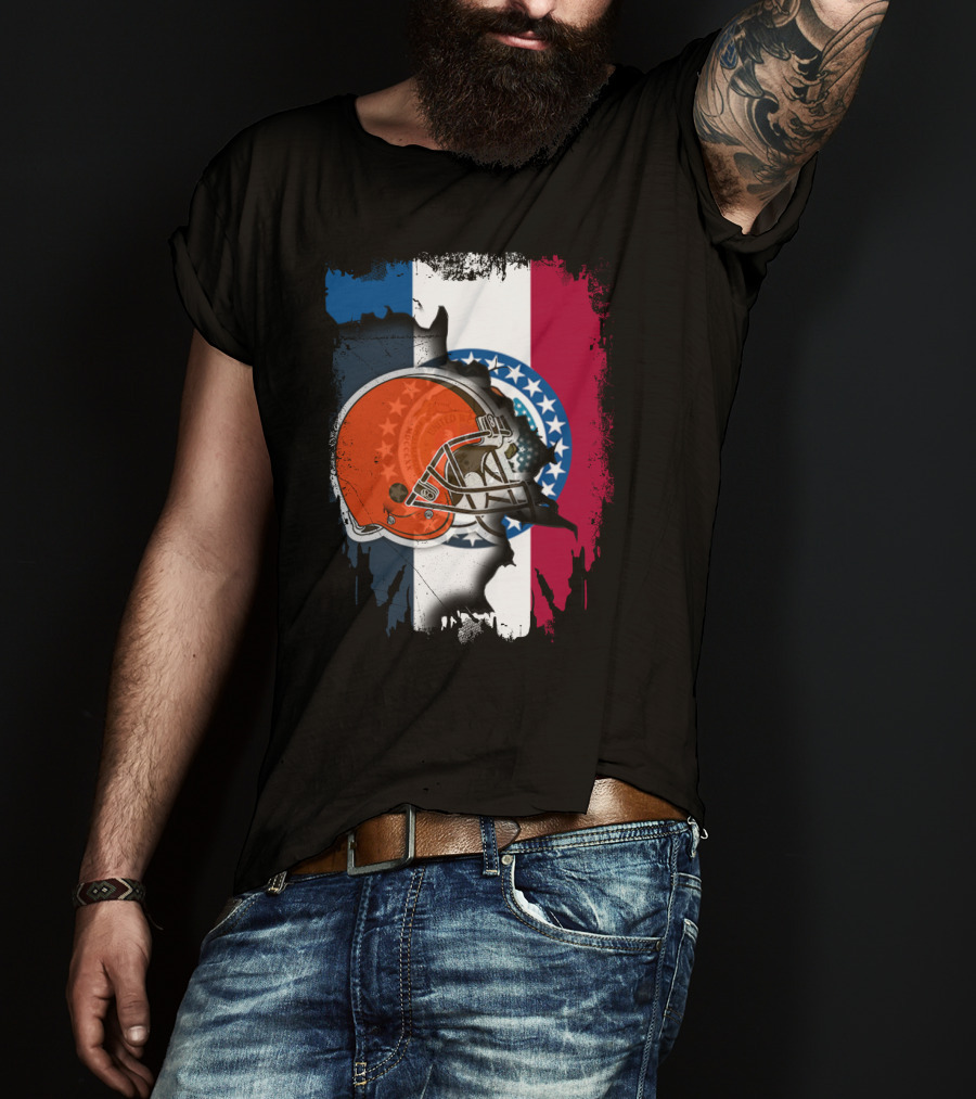 Cleveland Browns Helmet Over Missouri Flag Background T-Shirt