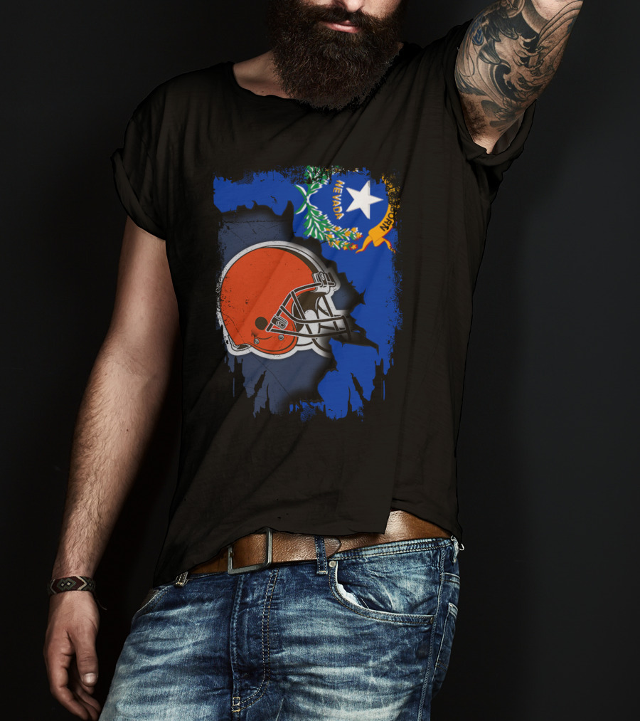 Nevada State Flag With Cleveland Browns Helmet Fusion T-Shirt