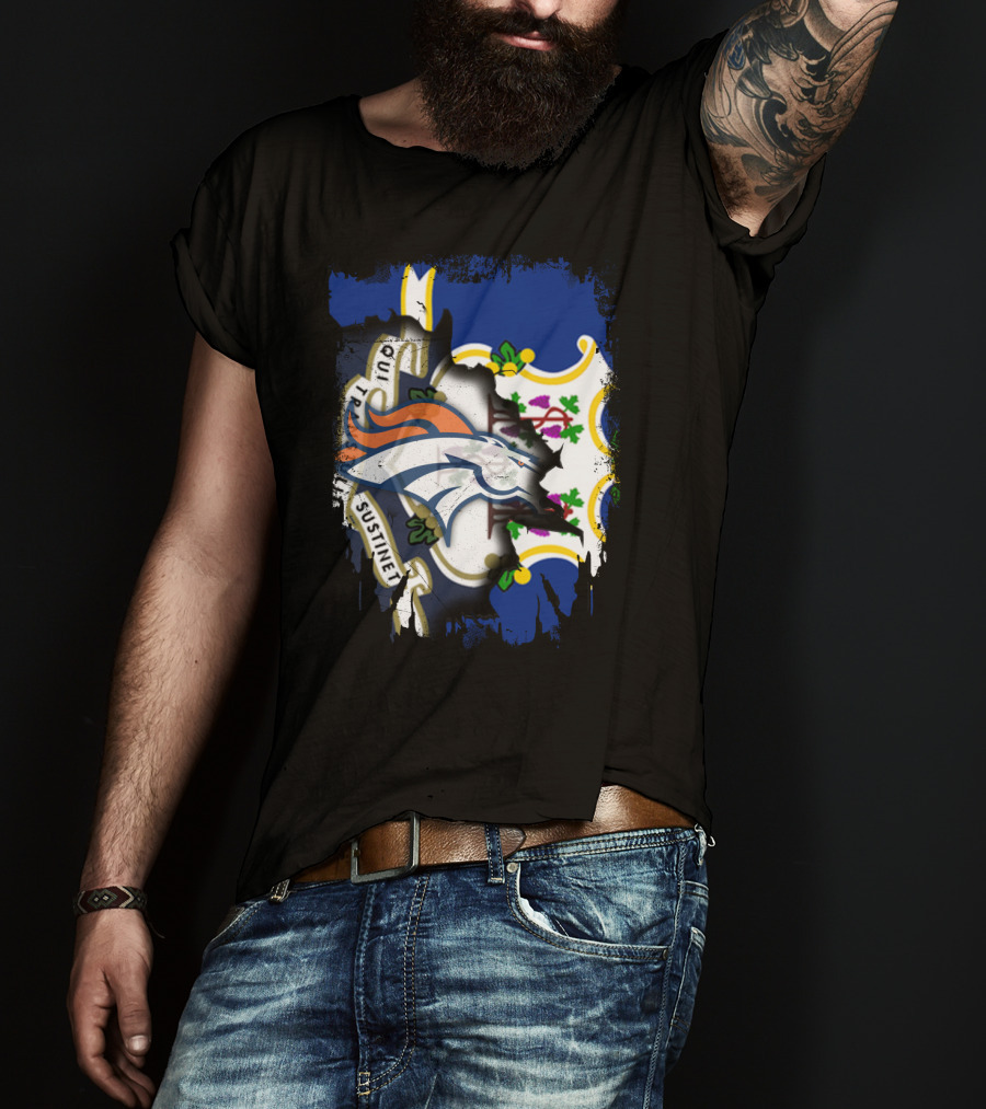 Connecticut And Broncos Logo Fusion With State Motto Motif T-Shirt