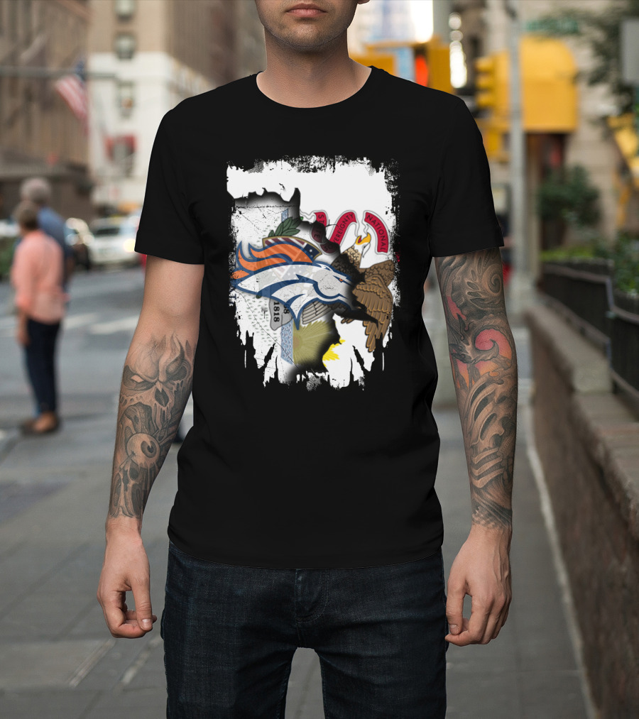 Illinois Flag Background With Denver Broncos Logo Collaboration T-Shirt