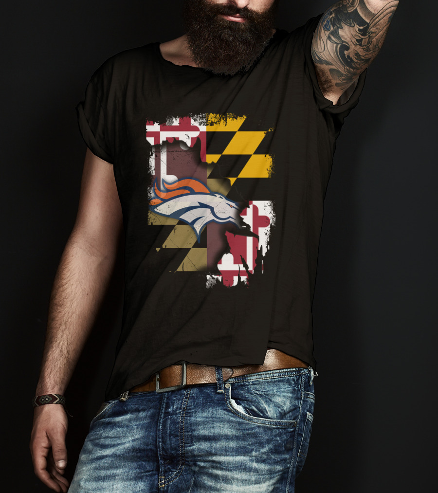 Maryland State Flag With Broncos Logo Together T-Shirt