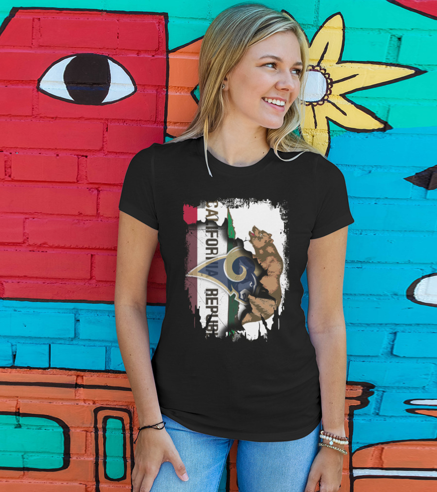 California Republic With Rams Logo Featuring Bear And State Flag T-Shirt