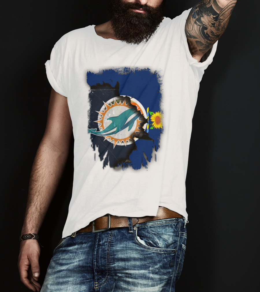 Kansas Flag With Miami Dolphins Logo And Sunflower T-Shirt
