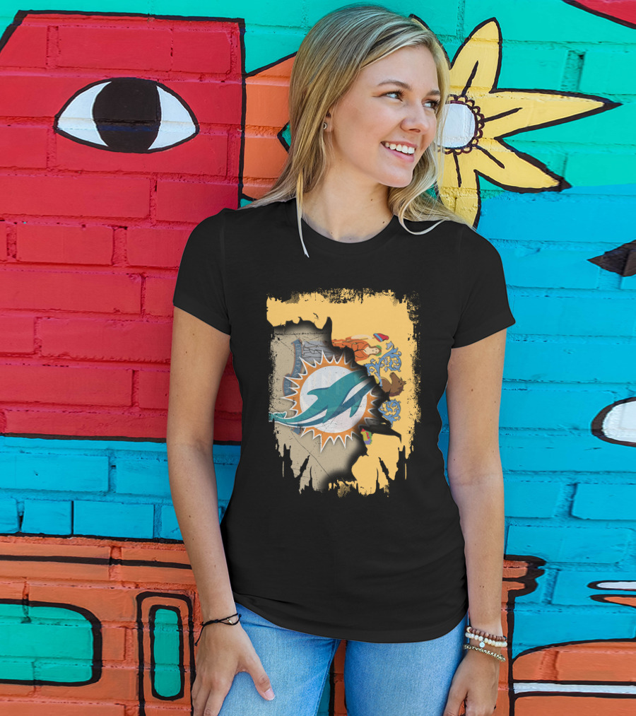 New Jersey Emblem With Miami Dolphins Logo Peeking Through T-Shirt