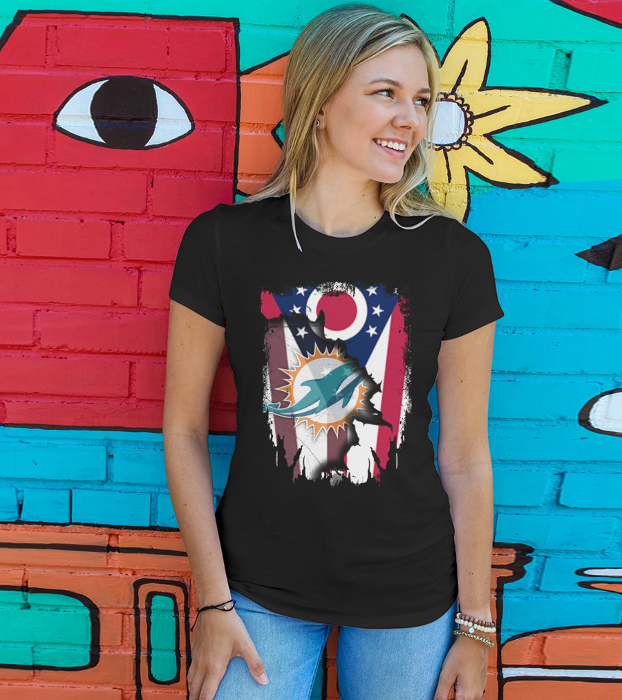 Ohio Flag Torn To Reveal Dolphins Logo Fusion T-Shirt