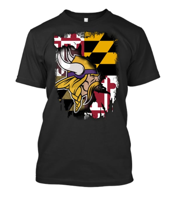 Vikings Helmet Art With Maryland Flag Background T-Shirt