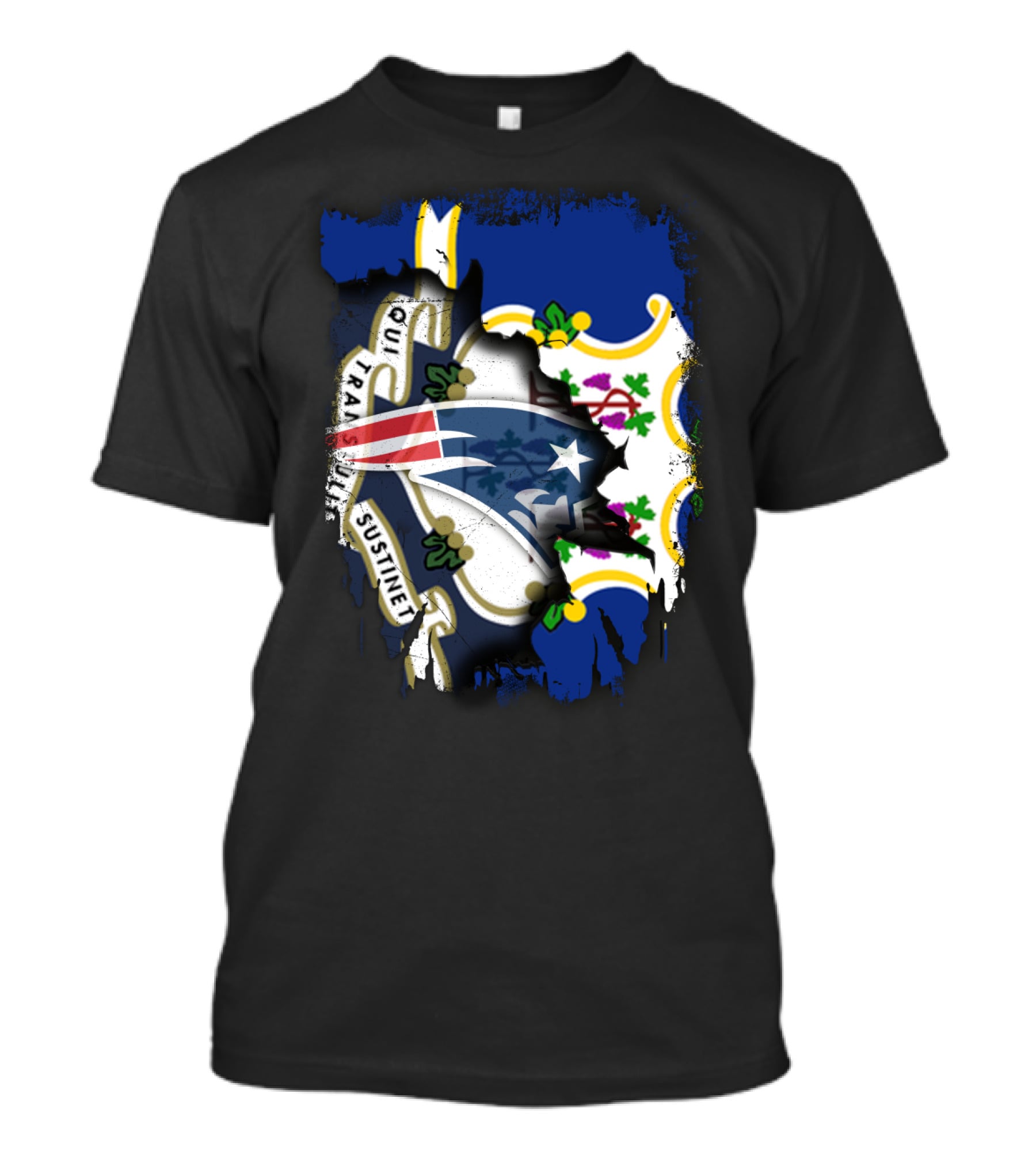 Connecticut State Flag With Patriots Logo And Qui Transtulit Sustinet T-Shirt