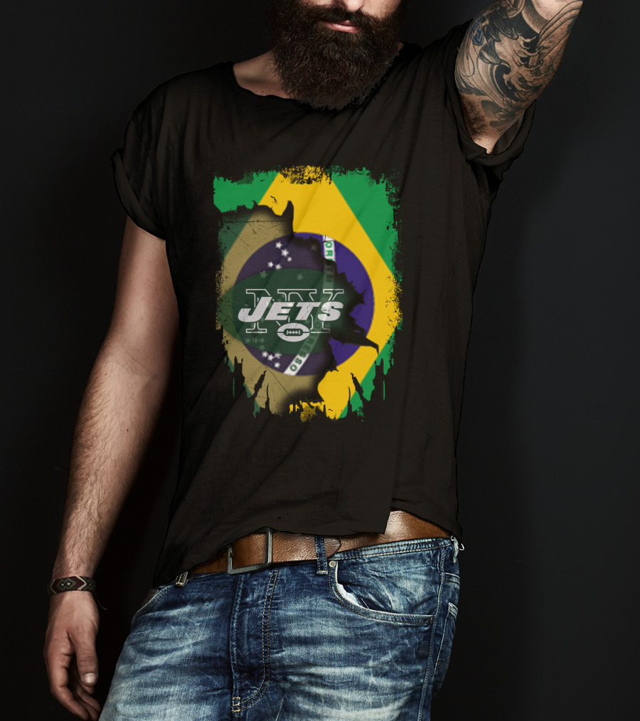 Brazilian Flag Meets New York Jets Logo Fusion T-Shirt