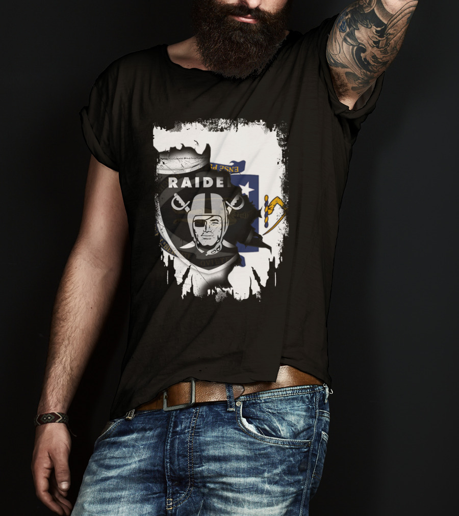 Massachusetts State Flag And Raiders Logo Fusion T-Shirt