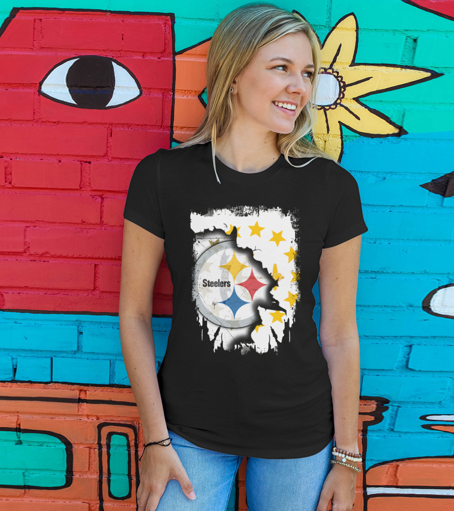 Steelers Logo With Rhode Island Stars And Torn Effect T-Shirt