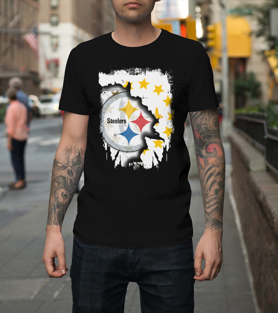 Steelers Logo With Rhode Island Stars And Torn Effect T-Shirt
