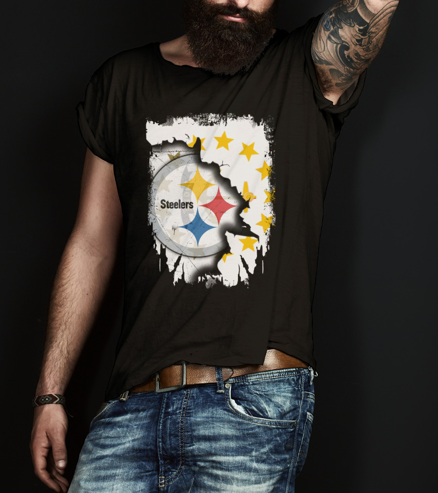 Steelers Logo With Rhode Island Stars And Torn Effect T-Shirt