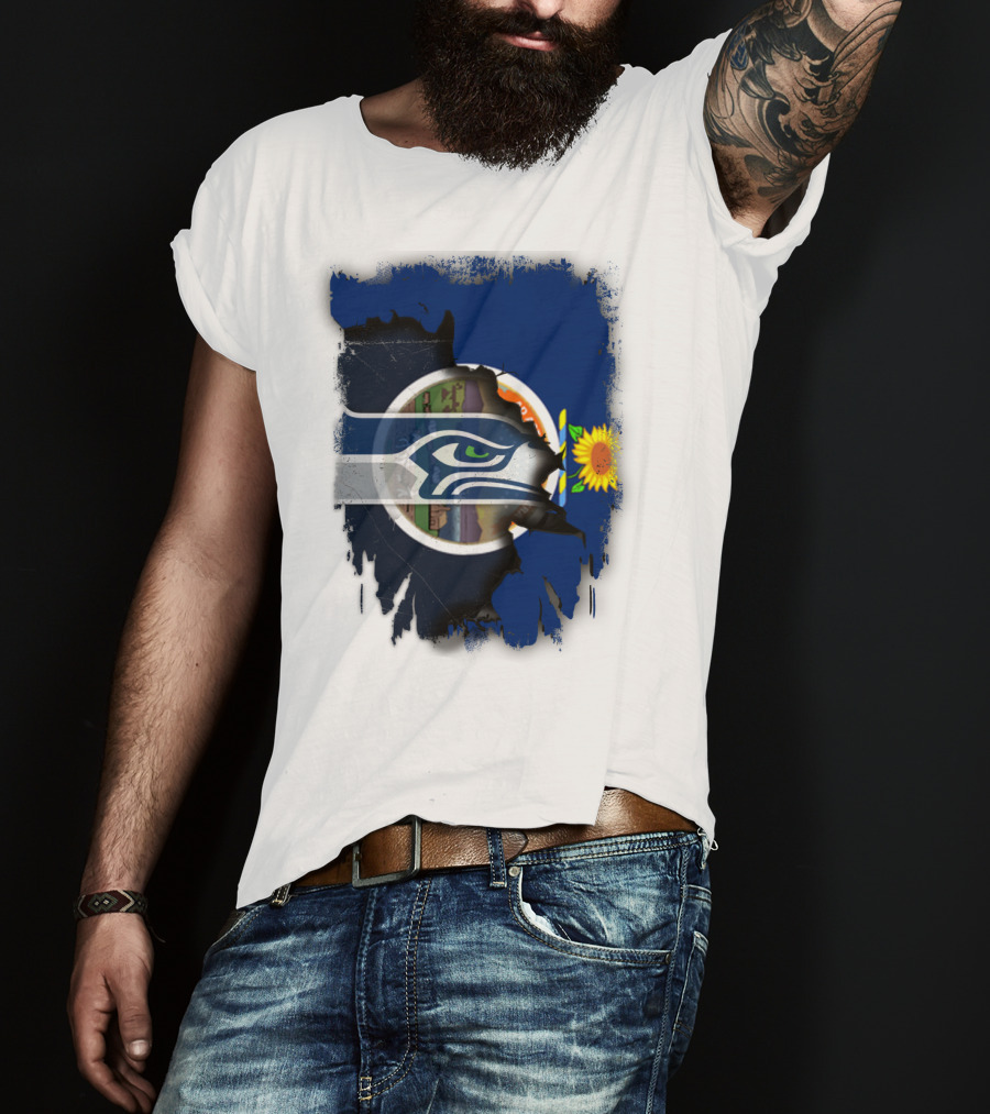 Kansas With Seahawks Heart And Sunflower Emblem T-Shirt