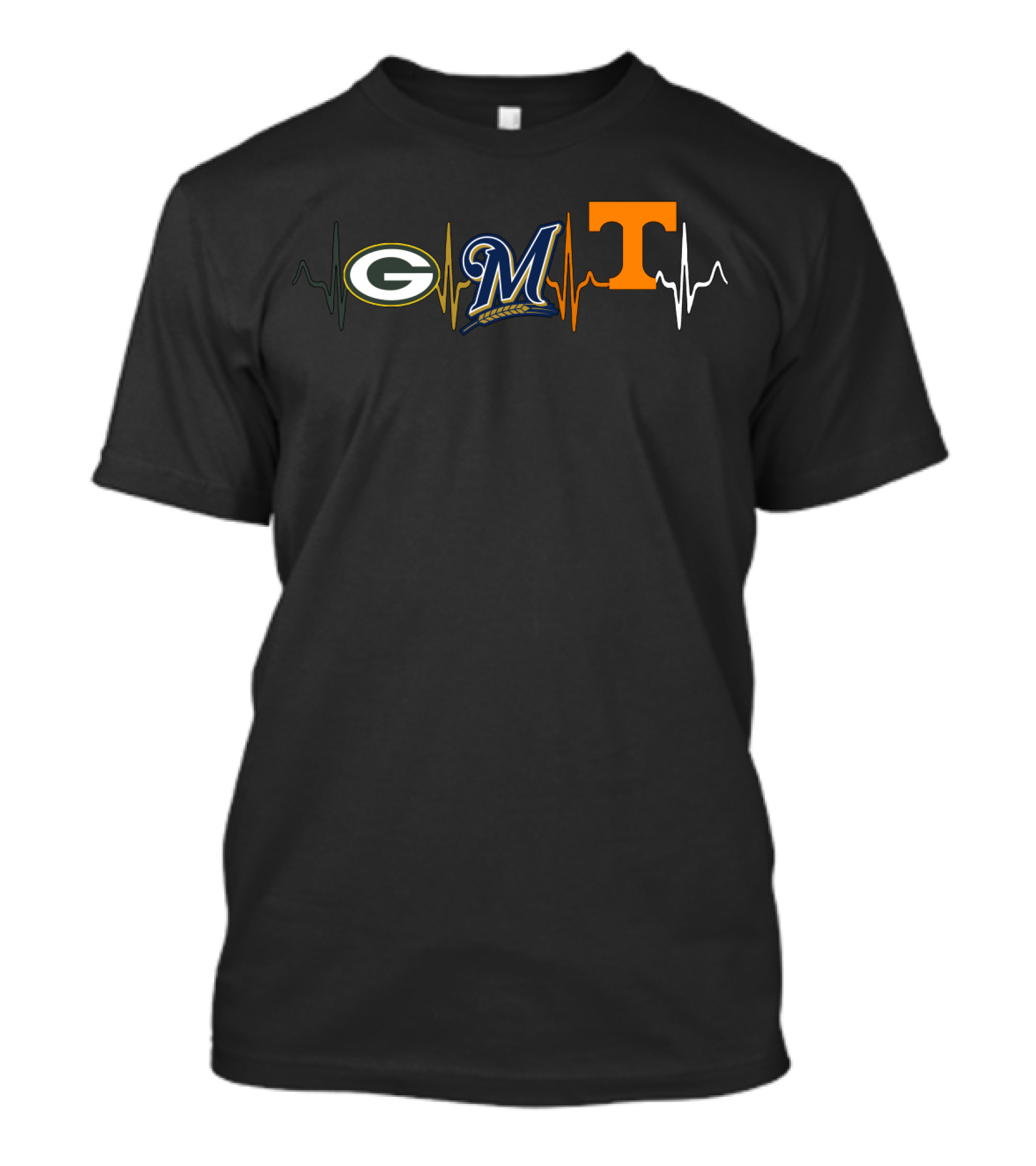 Packers Brewers Tennessee Logos With Heartbeat Lines T-Shirt