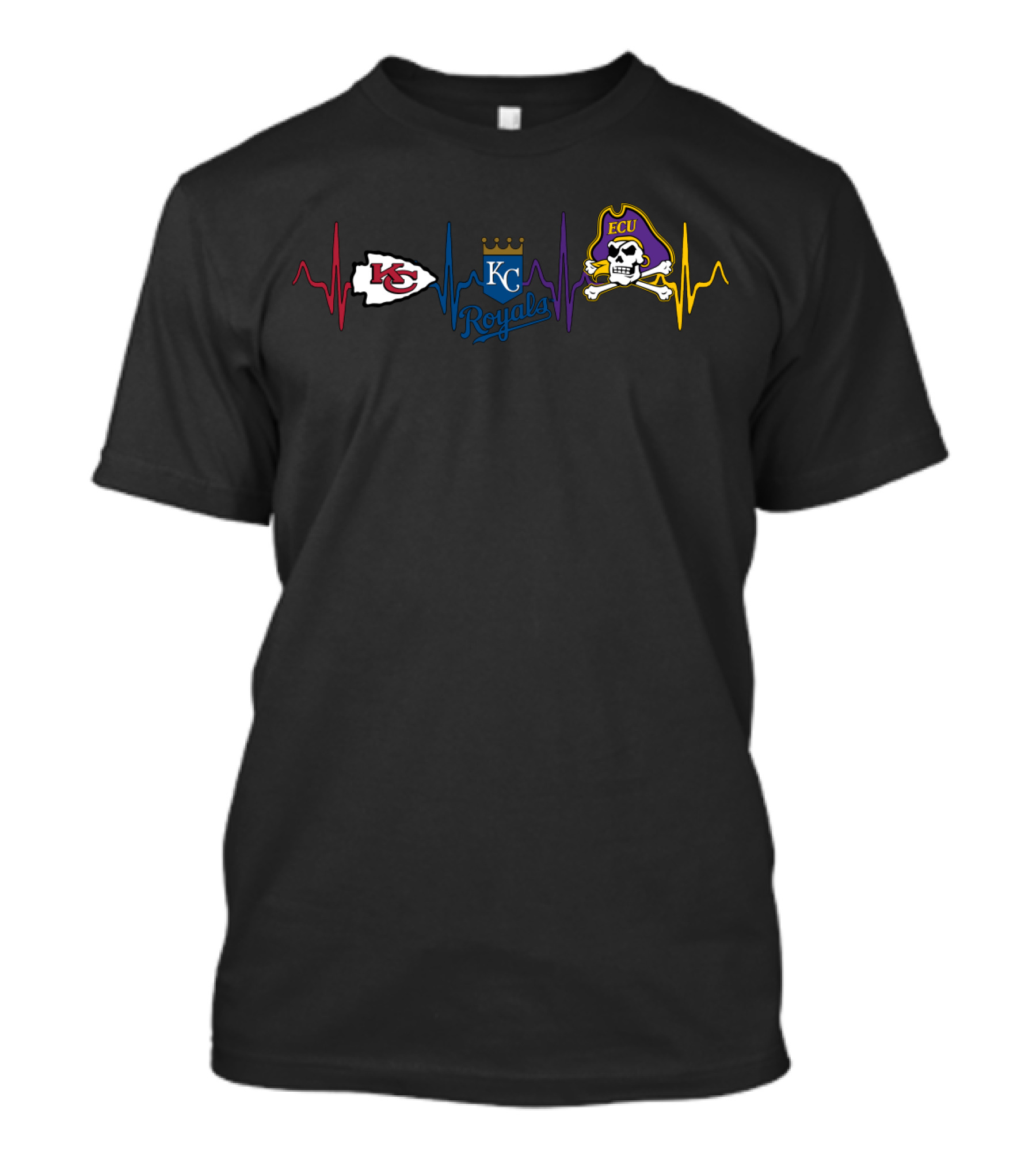 Kansas City Chiefs Kc Royals Ecu Pirates Ekg Heartbeat T-Shirt