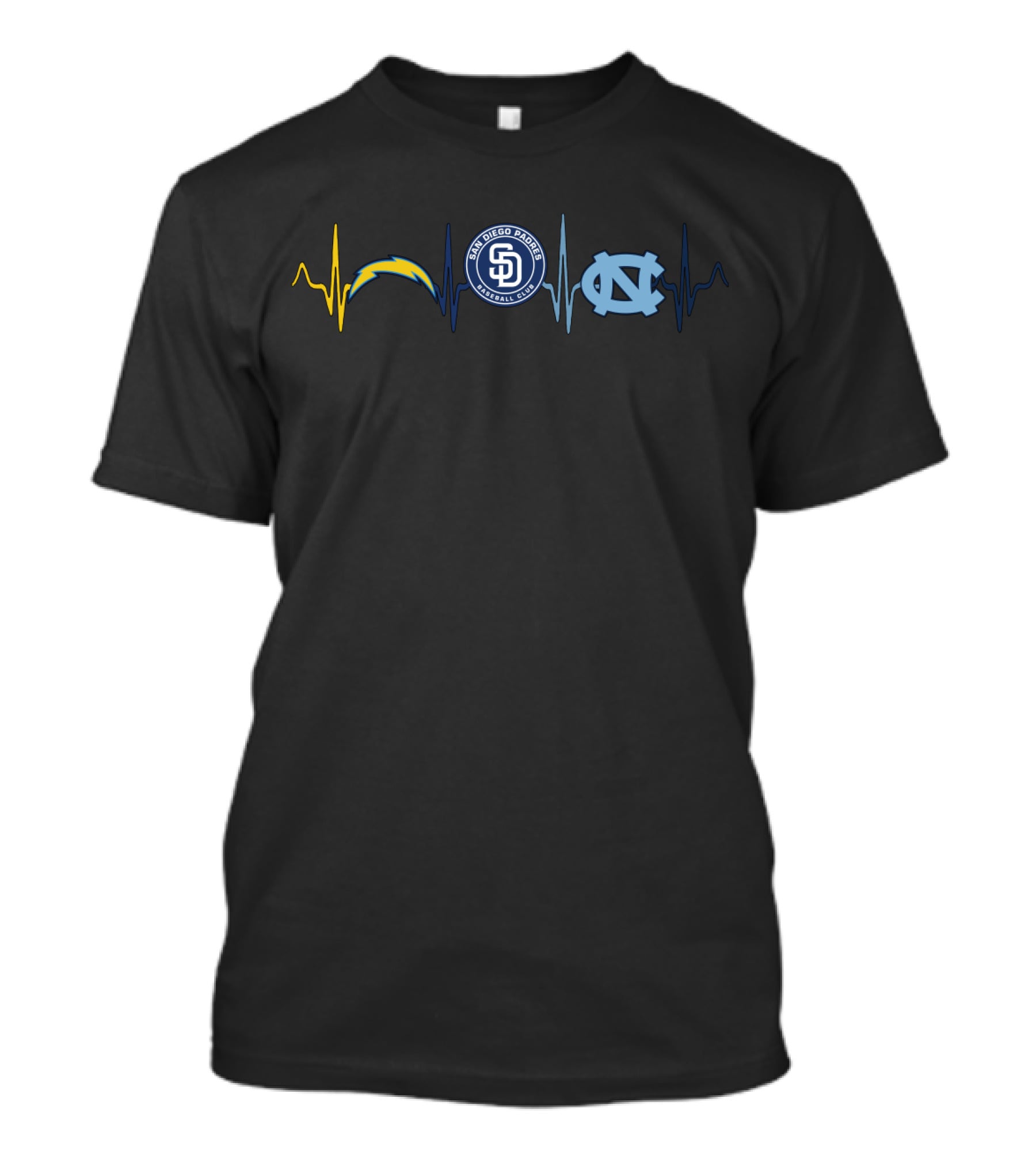 Love Chargers San Diego Padres North Carolina Tar Heels Heartbeat T-Shirt