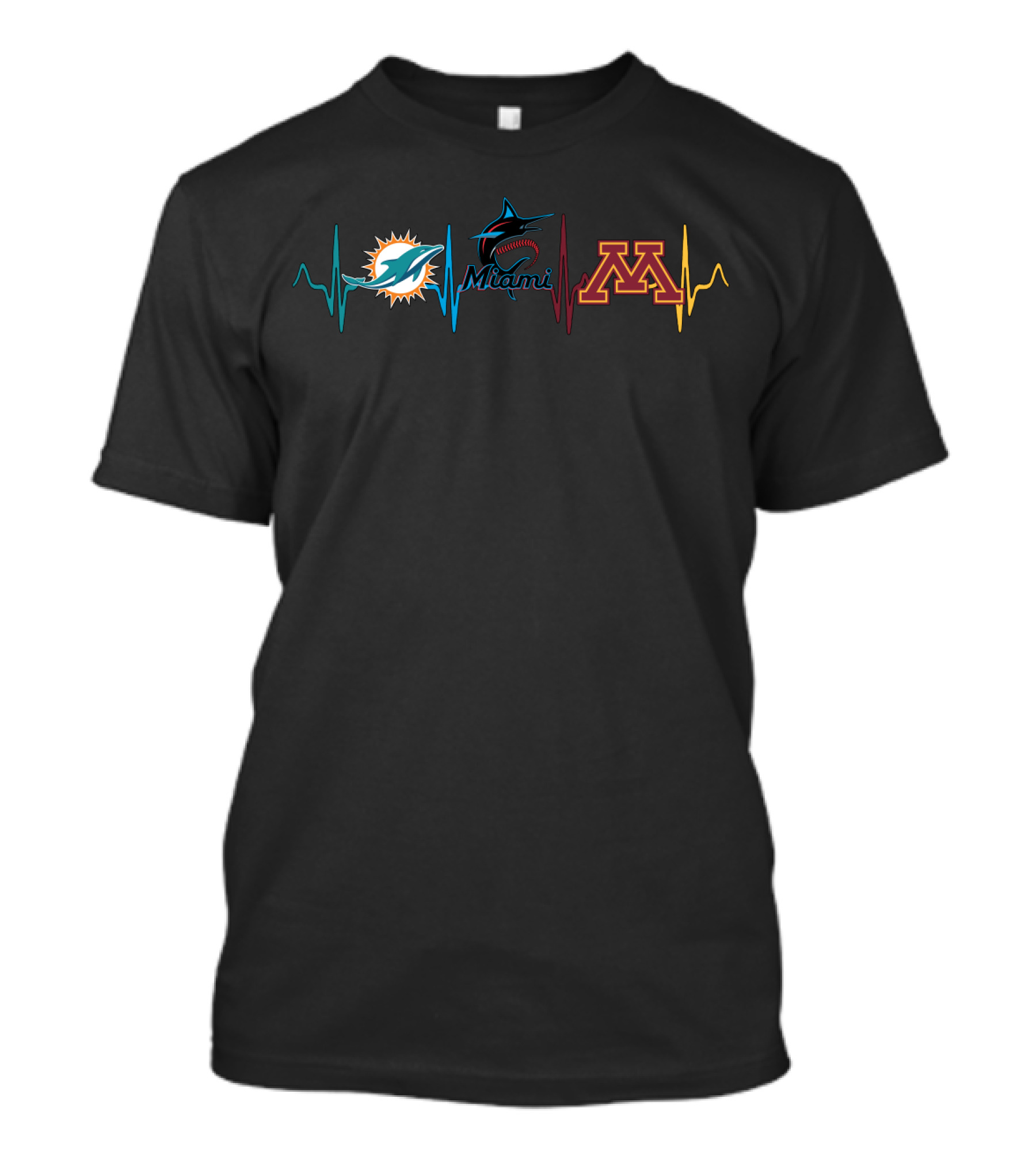 Miami Dolphins Marlins Minnesota Golden Gophers Logos With Heartbeat Line T-Shirt